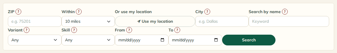 The Find Open Play search panel, with boxes for ZIP, distance, city, keyword, variant, skill level and a date range, and a Search button.